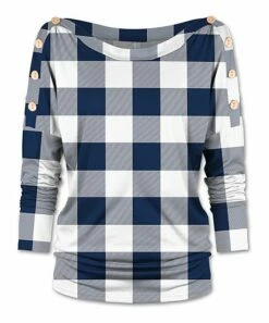 Best Pirce 🤩 UDEAR Navy & White Buffalo Check Button-Accent Ruched Top - 👩 Women 🛒