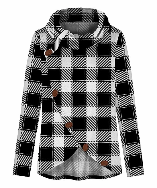 Hot Sale ⭐ UDEAR White & Black Buffalo Check Wrap Cowl-Neck Sweatshirt - Plus 🔔