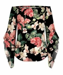 Budget ⭐ UDEAR Black Floral Bell-Sleeve Off-Shoulder Top - 👩 Women 😍