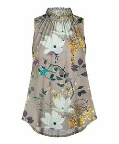 Promo 😉 UDEAR Beige & White Floral & Leaves Mock Neck Sleeveless Top - 👩 Women 🧨