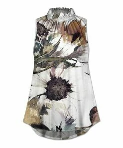 Outlet 👍 UDEAR White & Brown Floral Mock-Neck Sleeveless Top - 👩 Women 🧨