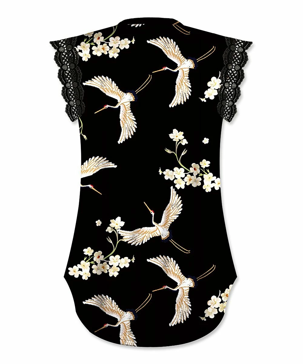 New ๐ UDEAR Black Floral Crane V-Neck Lace-Trim Sleeveless Top - ๐ฉ Women & Plus ๐ - Image 2