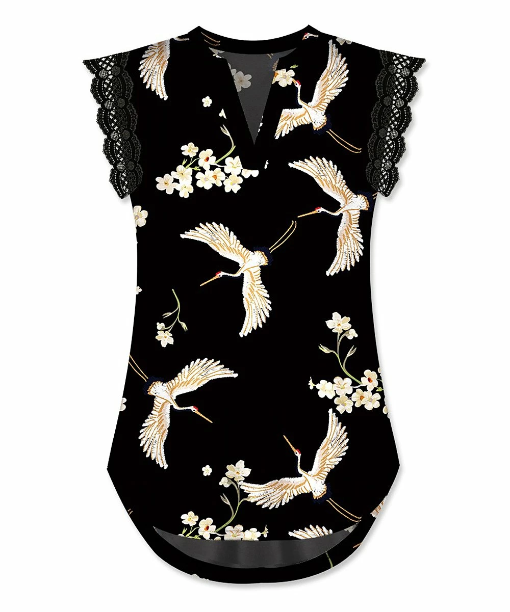 New ๐ UDEAR Black Floral Crane V-Neck Lace-Trim Sleeveless Top - ๐ฉ Women & Plus ๐