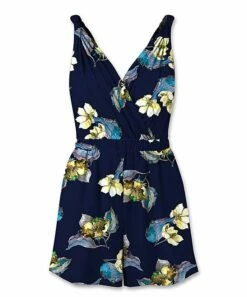 New 🔔 UDEAR Navy & Yellow Floral Sleeveless Surplice Romper - 👩 Women ⌛