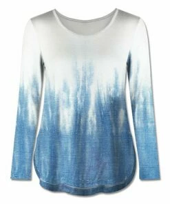 Wholesale ✔️ UDEAR White & Blue Tie-Dye Curved-Hem Long-Sleeve Top - 👩 Women 😀