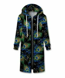 Best Sale ❤️ UDEAR Black & Blue Feather Longline Zip-Up Hoodie - 👩 Women 🔔