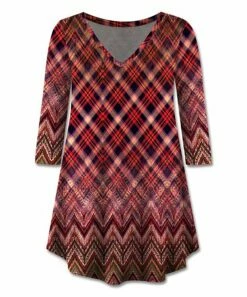 Promo 🔥 UDEAR Red Lattice Three-Quarter Sleeve V-Neck Tunic - 👩 Women 🔥
