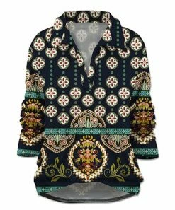 Buy 🧨 UDEAR Blue & Gold Geometric Floral Bal Collared Notch Neck Top - 👩 Women 🛒