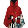 Deals 👍 UDEAR Red & White Celestial Cat Cowl Neck Toggle Poncho - 👩 Women 🎁