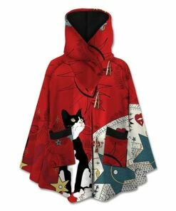 Deals ๐ UDEAR Red & White Celestial Cat Cowl Neck Toggle Poncho - ๐ฉ Women ๐
