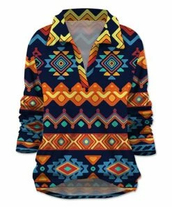 Wholesale ⭐ UDEAR Blue & Orange Geometric Collared Notch Neck Top - 👩 Women 😀