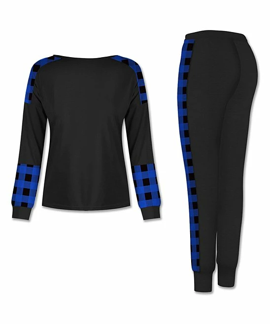 New ✨ UDEAR Black & Blue Plaid Round-Neck Long-Sleeve Raglan Top & Joggers & Joggers - 👩 Women 🛒 - Image 2