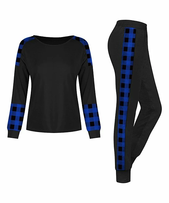 New ✨ UDEAR Black & Blue Plaid Round-Neck Long-Sleeve Raglan Top & Joggers & Joggers - 👩 Women 🛒