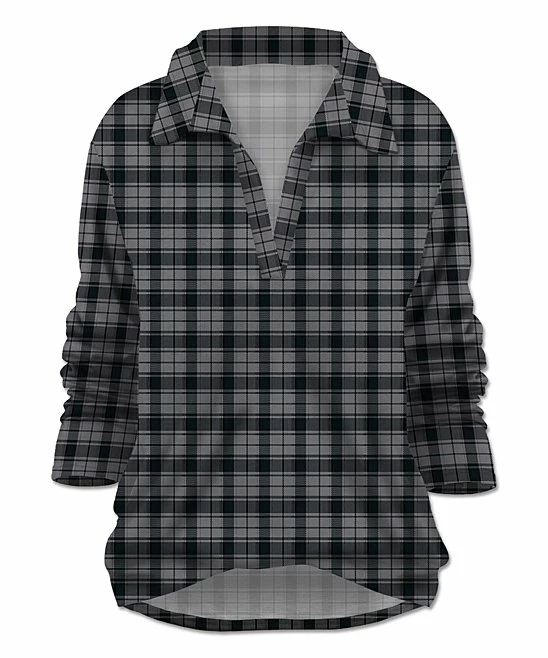 Outlet โค๏ธ UDEAR Gray Plaid Collared Notch Neck Top - Plus ๐ฏ