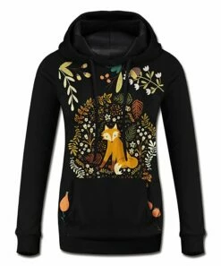 Cheap 💯 UDEAR Black Floral Fox Kangaroo-Pocket Hoodie - 👩 Women & Plus ⌛
