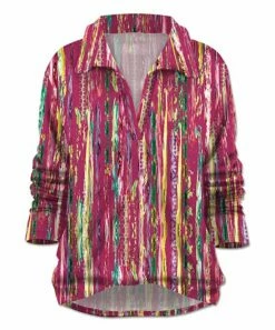 Buy 🌟 UDEAR Pink & Yellow Abstract Stripe Collared Notch Neck Top - 👩 Women ⭐