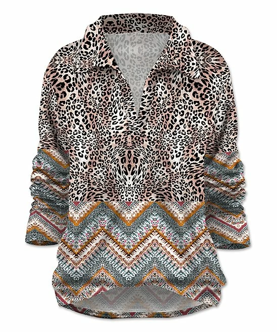 Budget ๐ UDEAR Beige Leopard & Zigzag Collared Notch Neck Top - ๐ฉ Women & Plus ๐งจ