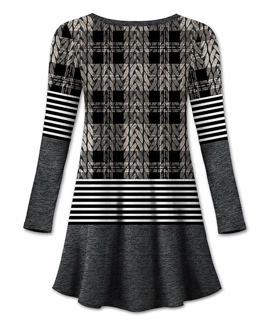 Hot Sale ๐ UDEAR Gray & Black Knit-Print Plaid & Stripe Round Neck Long-Sleeve Tunic - ๐ฉ Women ๐ - Image 2