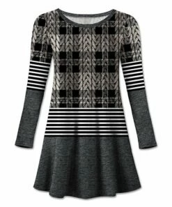 Hot Sale 🎁 UDEAR Gray & Black Knit-Print Plaid & Stripe Round Neck Long-Sleeve Tunic - 👩 Women 👍