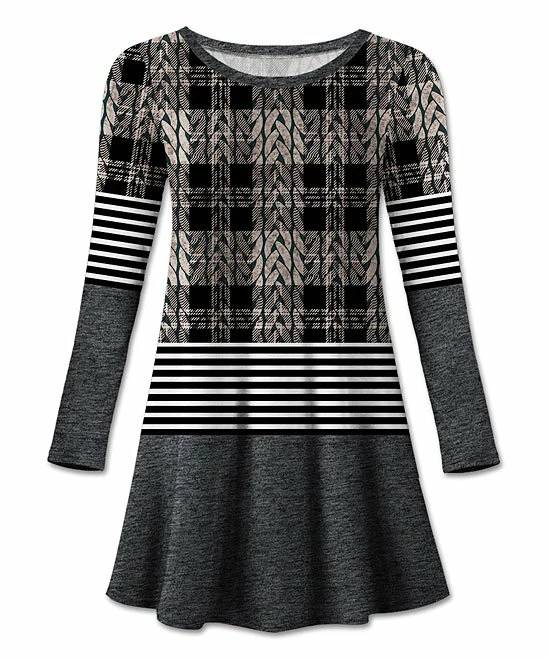 Hot Sale ๐ UDEAR Gray & Black Knit-Print Plaid & Stripe Round Neck Long-Sleeve Tunic - ๐ฉ Women ๐