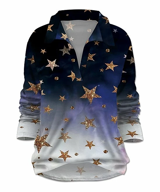 Wholesale ๐ฏ UDEAR Purple Ombrรฉ Star Collared Notch Neck Top - ๐ฉ Women ๐