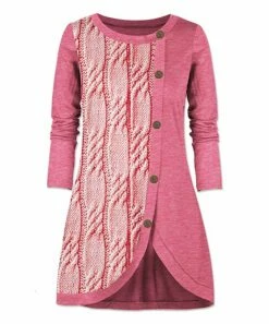 Buy ✨ UDEAR Heather Light Pink Cable Print Button-Accent Tulip-Hem Tunic - 👩 Women 🤩