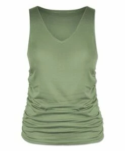 Cheapest ⭐ UDEAR Gray-Green Ruched Sleeveless V-Neck Top - 👩 Women 🧨