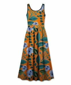 Discount ✔️ UDEAR Orange & Teal Floral Leaves Sleeveless A-Line 👗 Dress - 👩 Women ✨