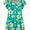 Cheap ⌛ UDEAR Turquoise & Yellow Floral Flutter-Sleeve Button-Front Top - 👩 Women ⭐