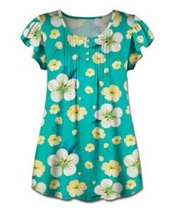 Cheap ⌛ UDEAR Turquoise & Yellow Floral Flutter-Sleeve Button-Front Top - 👩 Women ⭐