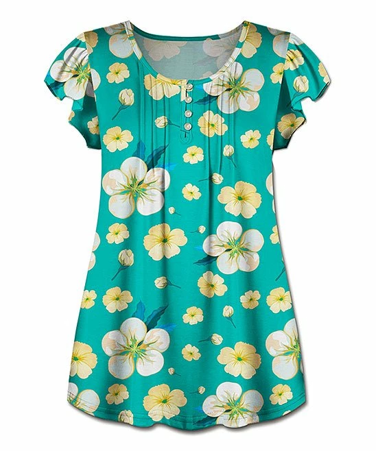 Cheap โ UDEAR Turquoise & Yellow Floral Flutter-Sleeve Button-Front Top - ๐ฉ Women โญ