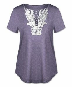 Best Sale 😍 UDEAR Light Heather Purple & White Lace-Accent Short-Sleeve Top - Plus 🛒