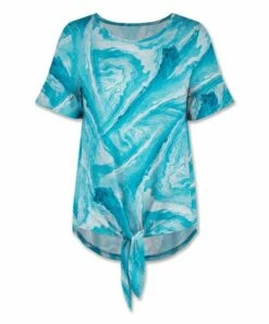 Promo 🔥 UDEAR Aqua & White Abstract Marble Tie-Hem Ruffle-Trim Top - Plus ✨