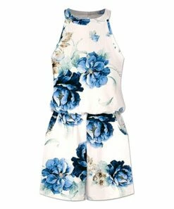 Cheap ๐งจ UDEAR Blue & White Floral Leaves High-Neck Sleeveless Romper - ๐ฉ Women โ