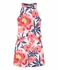 Best Pirce ⌛ UDEAR Pink & Green Floral High-Neck Sleeveless Romper - 👩 Women ⌛