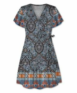 Coupon 🔥 UDEAR Blue & Orange Floral Leaf Short-Sleeve Surplice Wrap 👗 Dress - Plus ❤️