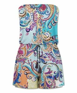 Brand new 👍 UDEAR Blue & Yellow Abstract Tassel Tie-Waist Strapless Romper - 👩 Women ⌛