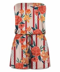 Best Sale 🎁 UDEAR Coral & White Floral Stripe Tassel-Tie Strapless Romper - 👩 Women 🌟