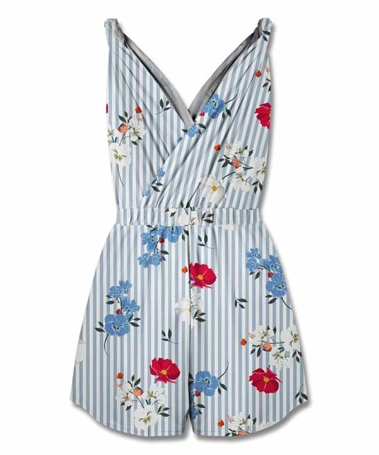 Brand new ๐ฅฐ UDEAR Blue & Fuchsia Floral Stripe Surplice Sleeveless Romper - ๐ฉ Women ๐ - Image 2