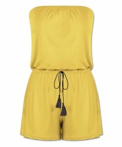 Coupon โ UDEAR Yellow Tassel Tie-Waist Strapless Romper - Plus ๐ฅ