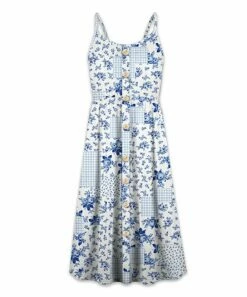Coupon ⭐ UDEAR Blue & White Floral Patchwork Button-Front Sleeveless 👗 Dress - 👩 Women 💯