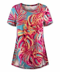 Buy 🌟 UDEAR Turquoise & Rose-Red Leaves Button-Detail Curved-Hem Tunic - 👩 Women 😉
