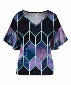 Wholesale ✔️ UDEAR Black & Purple Geometric Flutter-Sleeve V-Neck Top - Plus 💯