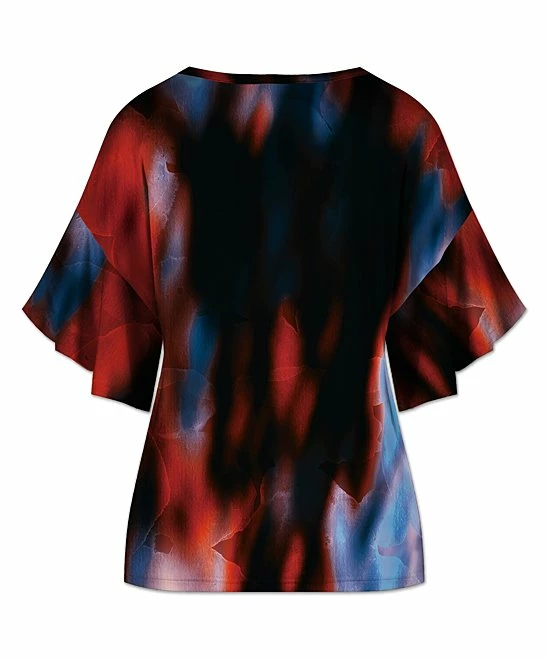 New โค๏ธ UDEAR Red & Blue Abstract Bell-Sleeve V-Neck Top - Plus ๐งจ - Image 2