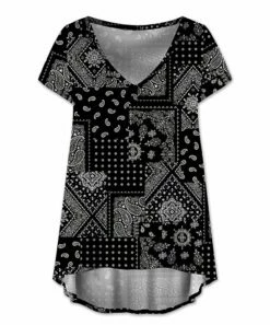 New 🎉 UDEAR Black & White Paisley V-Neck Hi-Low Top - 👩 Women 👏
