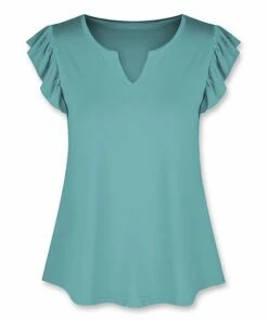 Best reviews of 🔔 UDEAR Blue Green Notch Neck Flutter-Sleeve Top - Plus ✔️