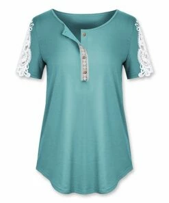 Top 10 ⭐ UDEAR Blue Green Crochet-Sleeve Tee - Plus ✔️