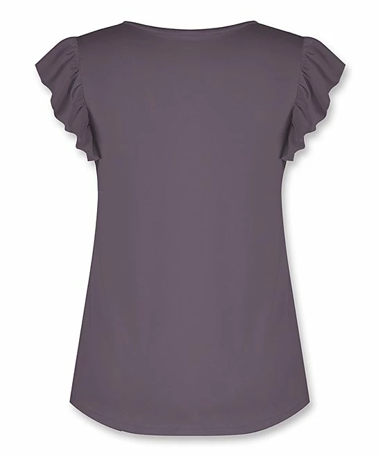 Budget ๐ UDEAR Gray Purple Notch Neck Flutter-Sleeve Top - ๐ฉ Women & Plus ๐ - Image 2