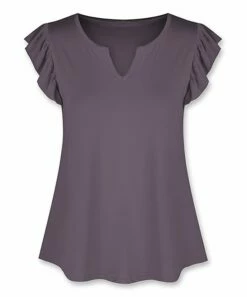 Budget 😍 UDEAR Gray Purple Notch Neck Flutter-Sleeve Top - 👩 Women & Plus 🌟