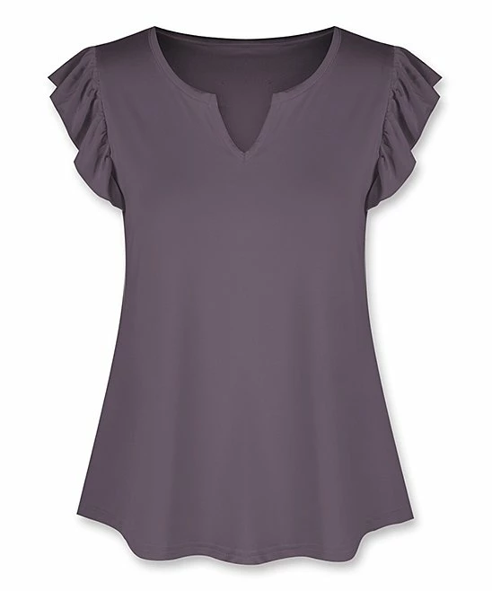 Budget ๐ UDEAR Gray Purple Notch Neck Flutter-Sleeve Top - ๐ฉ Women & Plus ๐